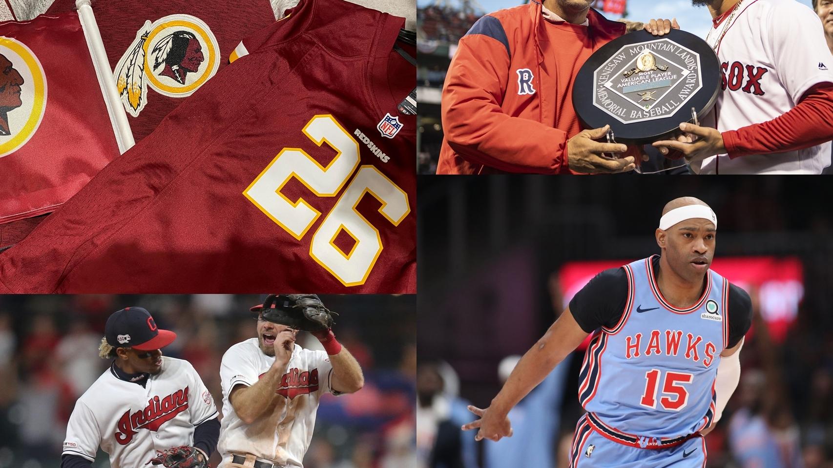 El logo y la camiseta de los Washington Redskins, Vince Carter con la camiseta de los Atlanta Hawks, el premio Kenesaw Mountain Landis y dos jugadores de los Cleveland Indians