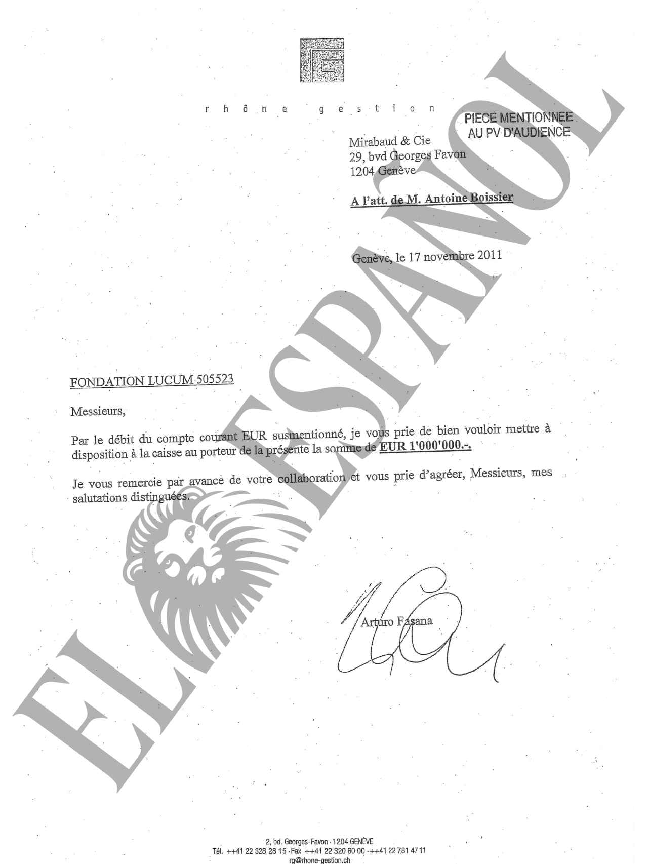 Documento firmado por Arturo Fasana para el banco Mirabaud solicitando la retirada de un millón de euros.