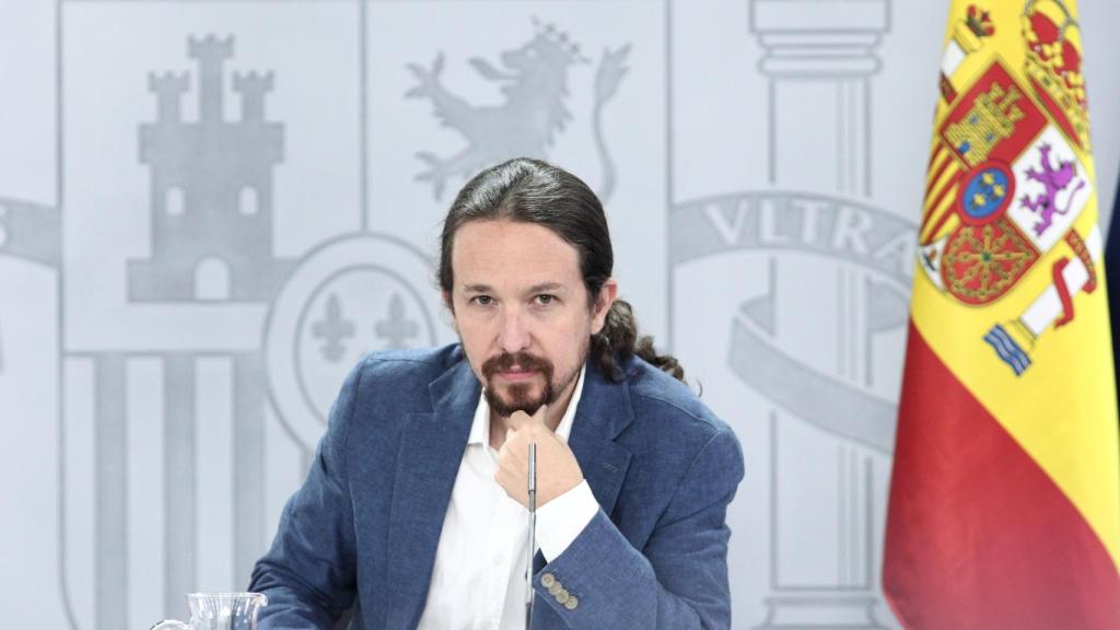 El vicepresidente y ministro de Derechos Sociales y Agenda 2030, Pablo Iglesias, durante su intervención en la rueda de prensa posterior al Consejo de Ministros en Moncloa, en Madrid (España), a 7 de julio de 2020.