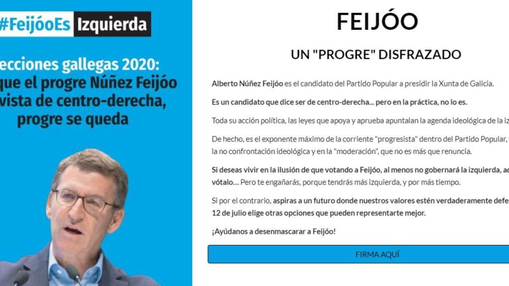 Página web abierta por Hazte Oír denunciando que Feijóo es un progre disfrazado.