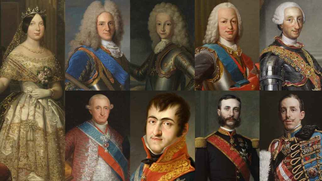 Isabel II, Felipe V, Luis I, Fernando VI, Carlos III, Carlos IV, Fernando VII, Alfonso XII y Alfonso XIII.