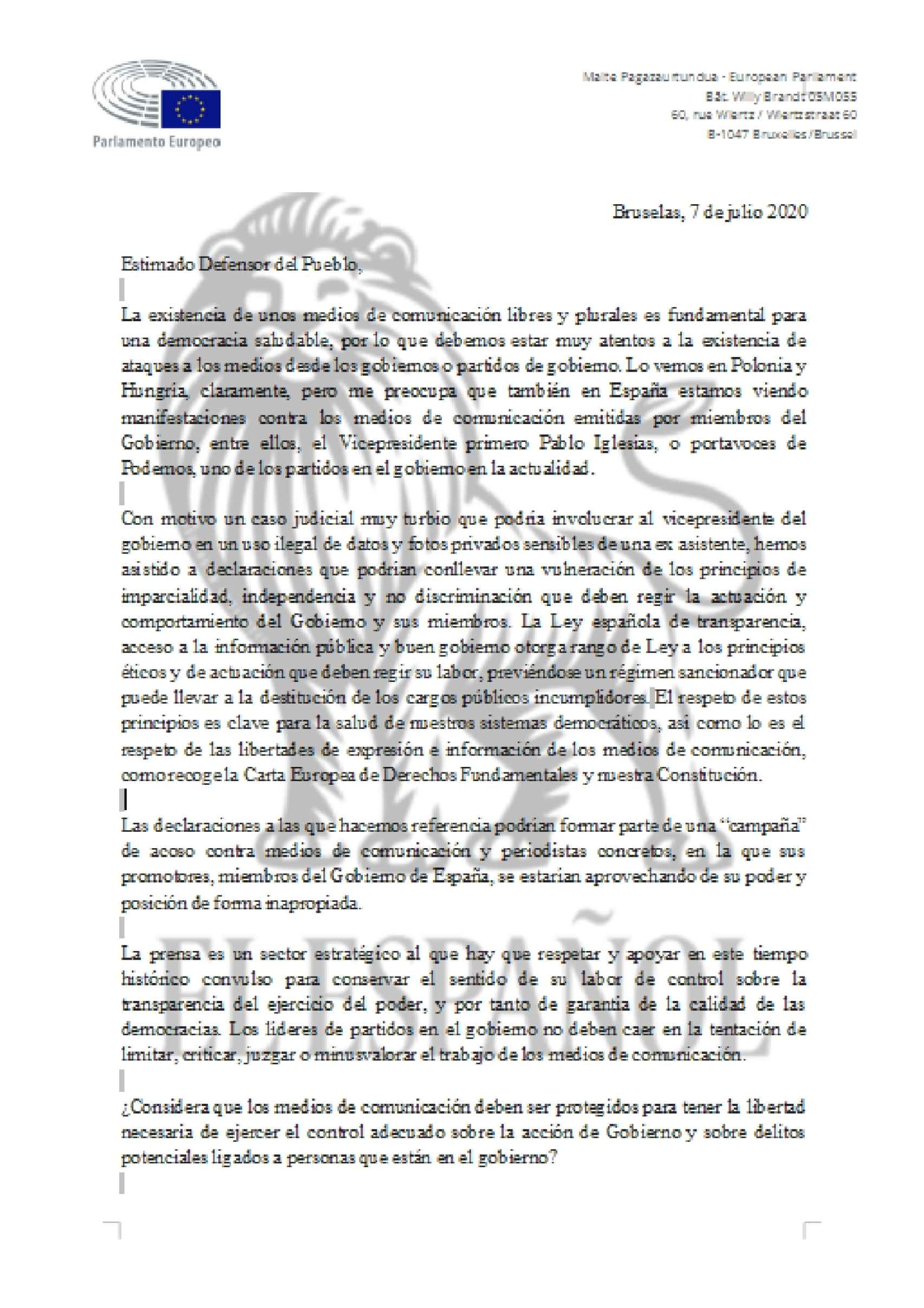 Carta de Maite Pagaza al Defensor del pueblo.