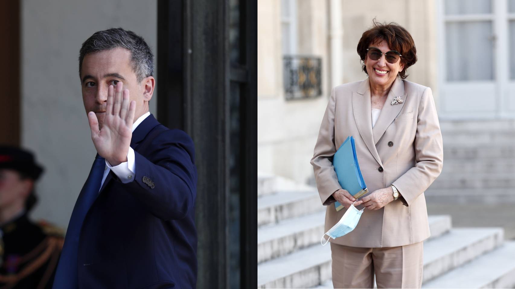Los nuevos ministros de Interior y Cultura de Macron: Gérald Darmanin y Roselyne Bachelot.