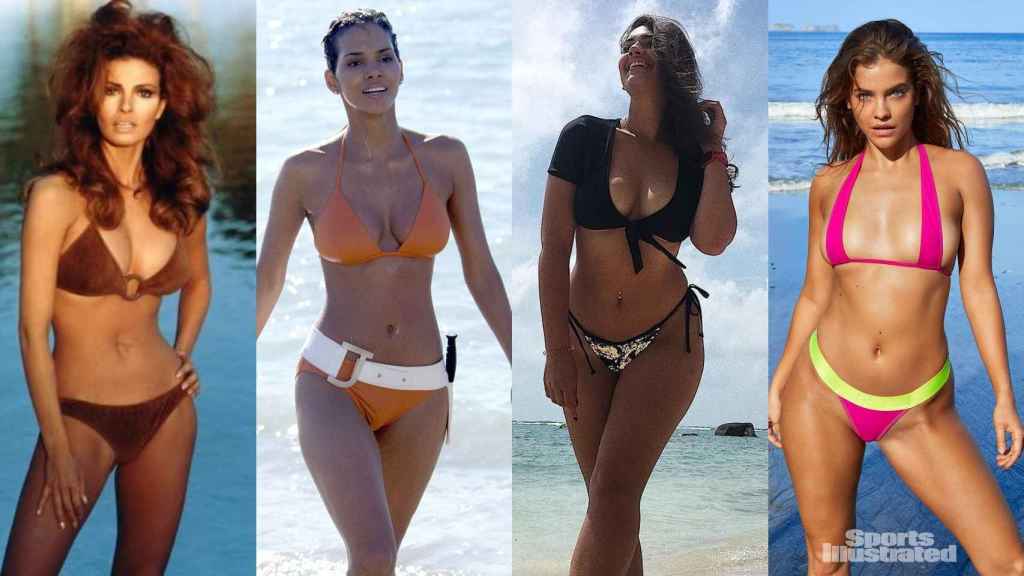 Varias modelos y actrices en bikini. Por orden: Rachel Welch (1960-1970); Halle Berry en la película de James Bond (2000); las modelos de Victoria Secret, Lorena Duran y Barbara Palvin.