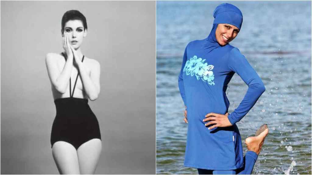 A la izquierda, una modelo posa con el 'monokini', creado en los años 60. A la derecha, otra mujer luciendo un burkini.