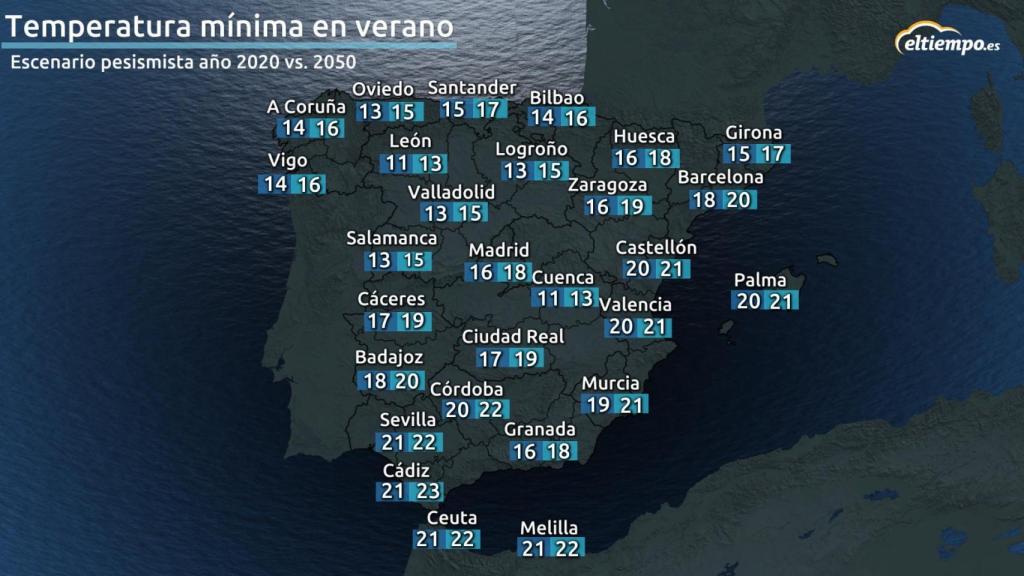 Mapa temperaturas mínimas verano 2050.