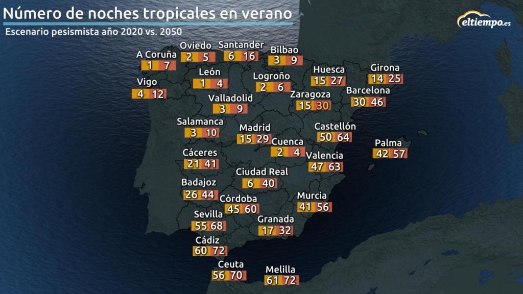 Mapa noches tropicales verano 2050.