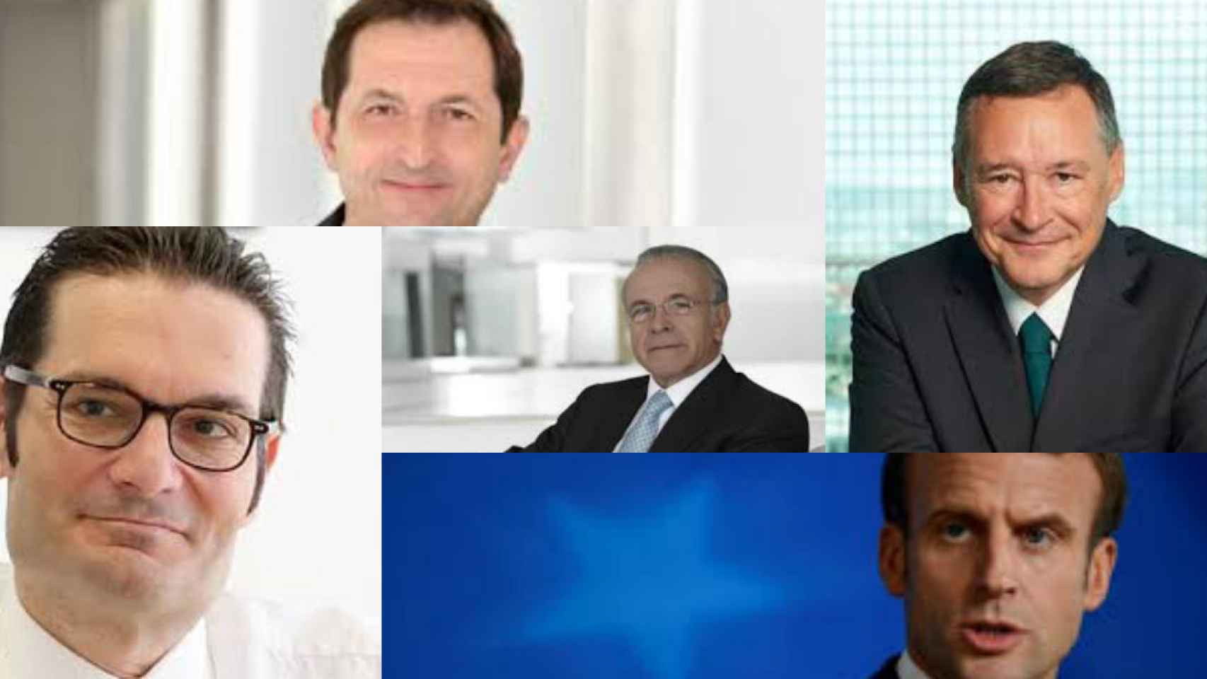 Bertrand Camus, Ángel Simón, Joseph Oughourlian, Isidro Fainé y Emmanuel Macron.