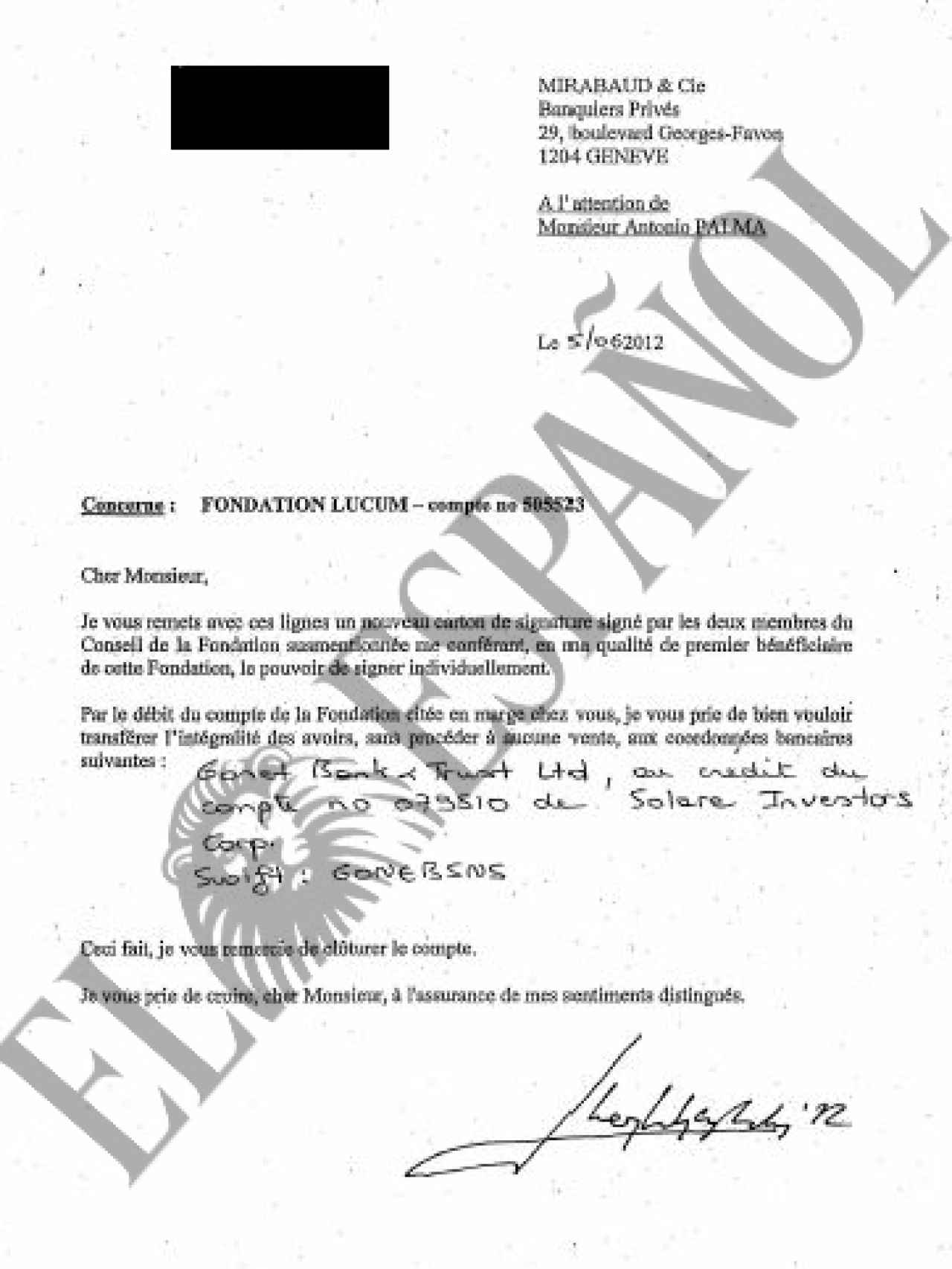 Carta de Don Juan Carlos al presidente de la banca Mirabaud./