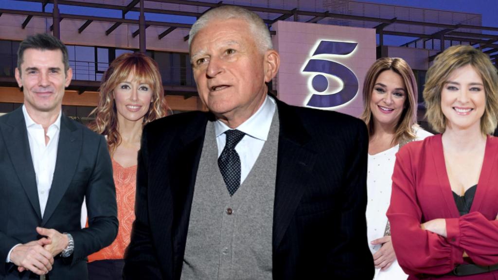 Paolo Vasile junto a Jesús Vázquez, Emma García, Toñi Moreno y Sandra Barneda, en un montaje de Jaleos.