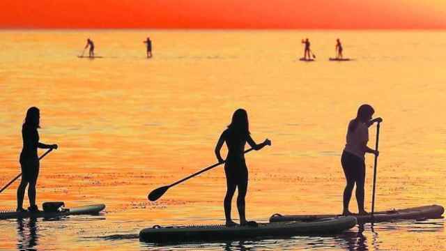Gente practicando paddle surf en el mar