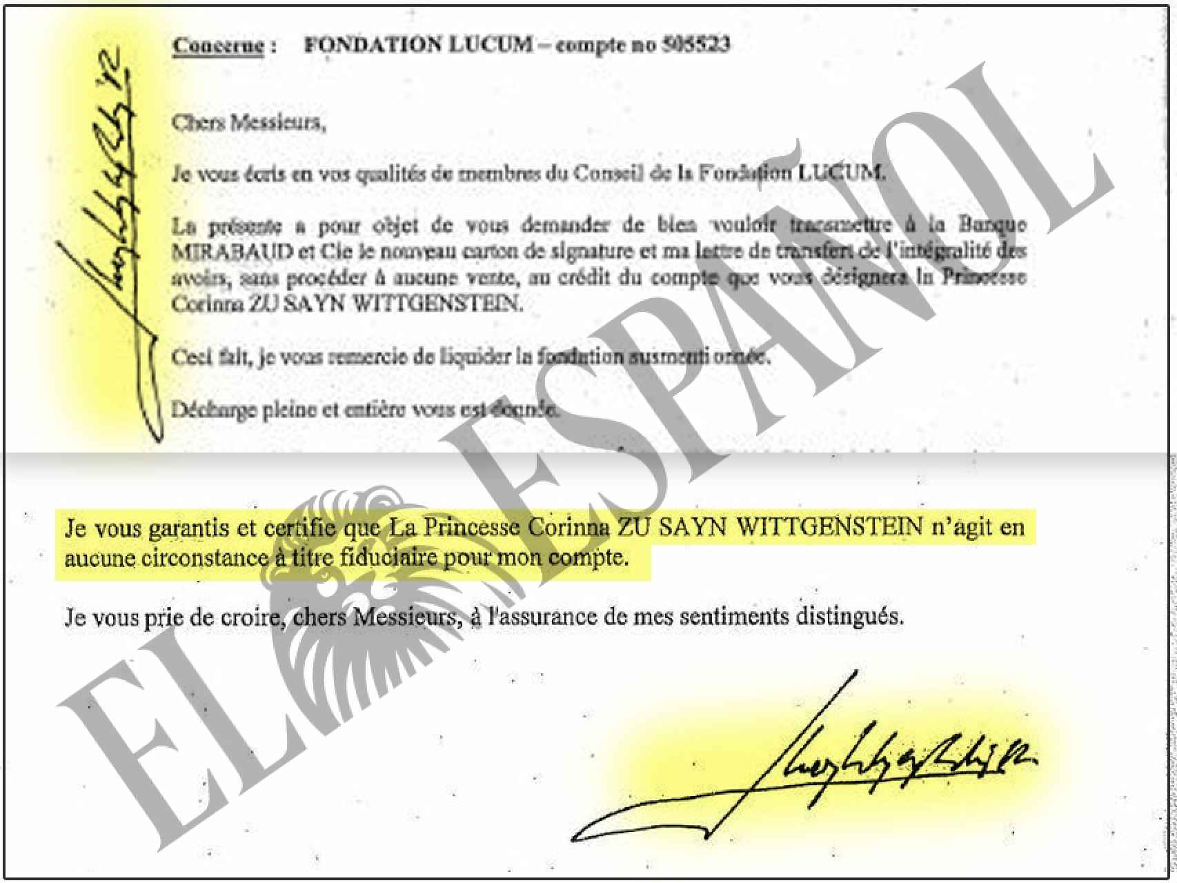 Carta firmada por Juan Carlos I dirigida a los administradores de su cuenta en Suiza./