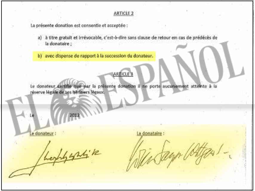 Las firmas de Juan Carlos I y Corinna Larsen en el contrato de la donación de 65 millones de euros./