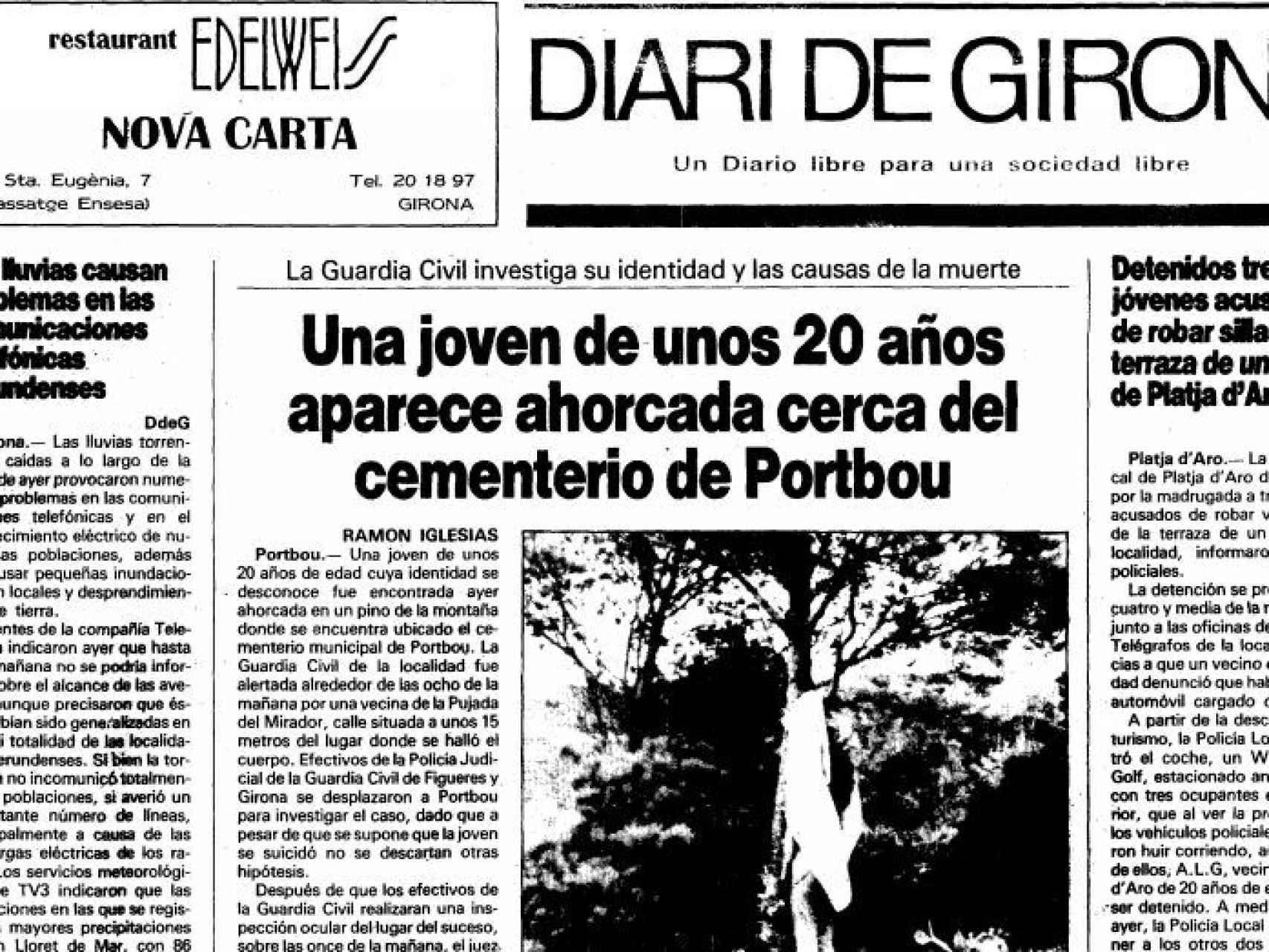 Portada del Diari de Girona con la foto de la chica ahorcada