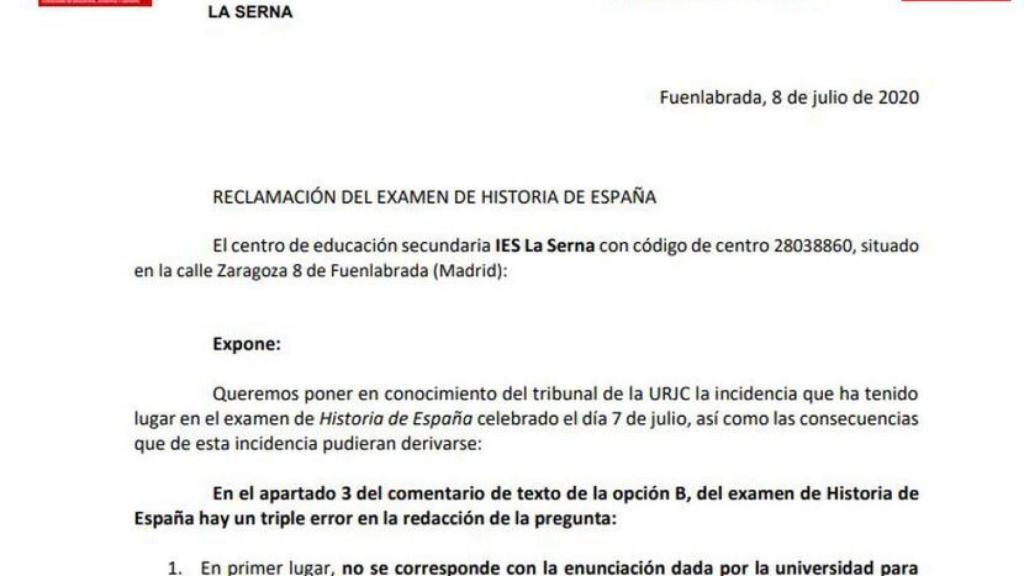 Queja formal del IES La Serna por un error en la EBAU.