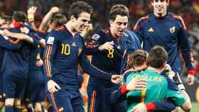 Celebración de la Selección Española con Iker Casillas, Fábregas, Xavi, Javi Martínez y Fernando Llorente