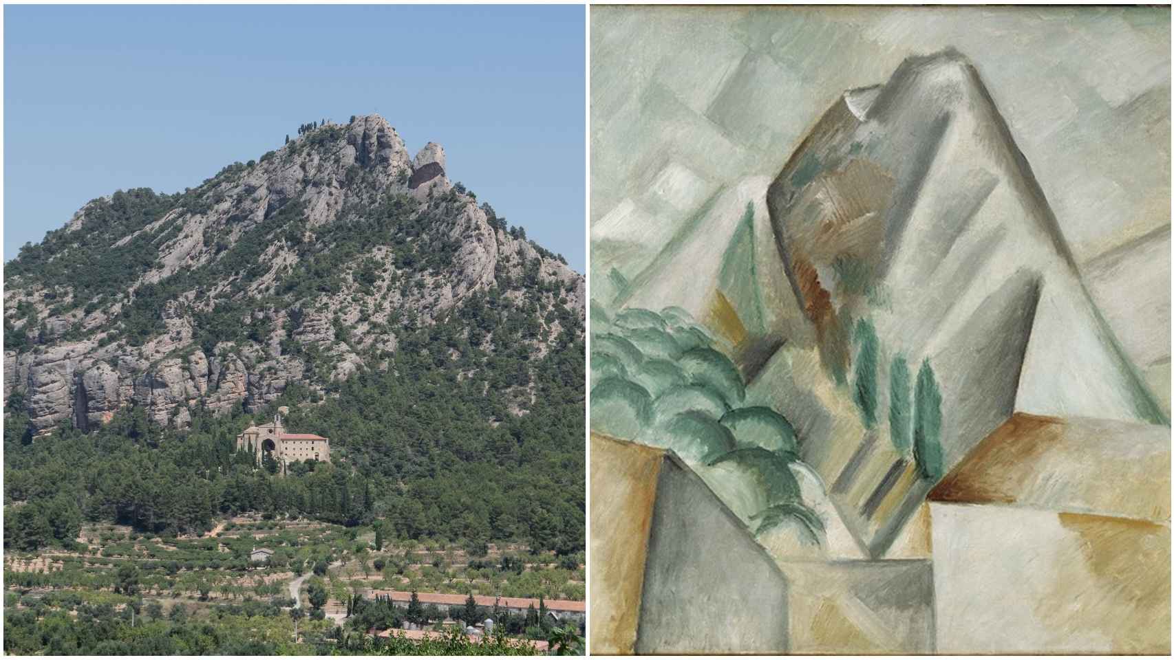 Vista real del monte de Santa Bárbara desde Horta y el cuadro pintado por Picasso.