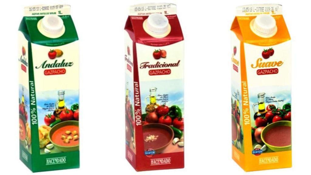 Tres tipos de gazpacho de Hacendado, la marca blanca de Mercadona.