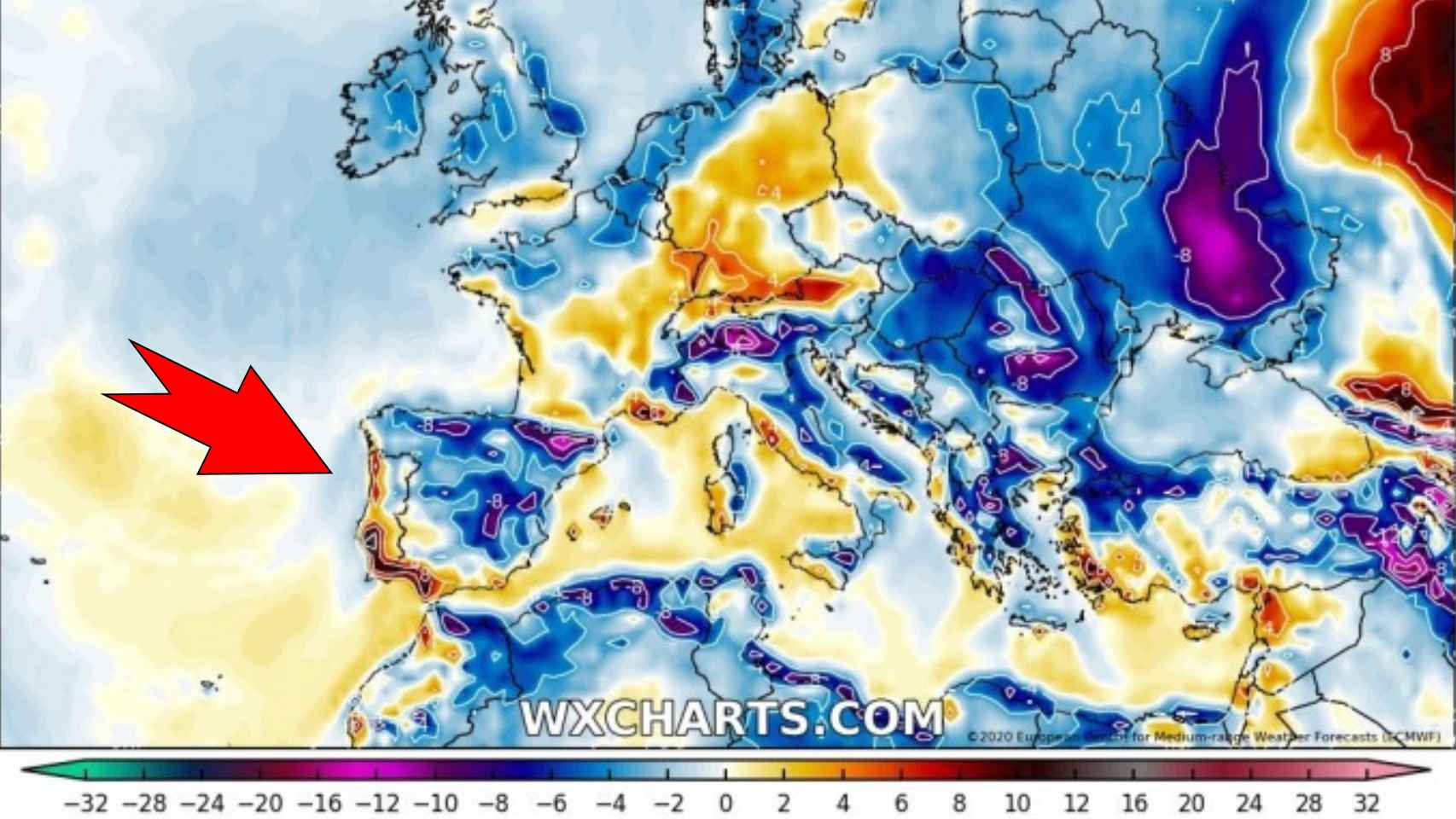 Anomalía de bajas temperaturas causada por la vaguada. Severe-weather.eu.