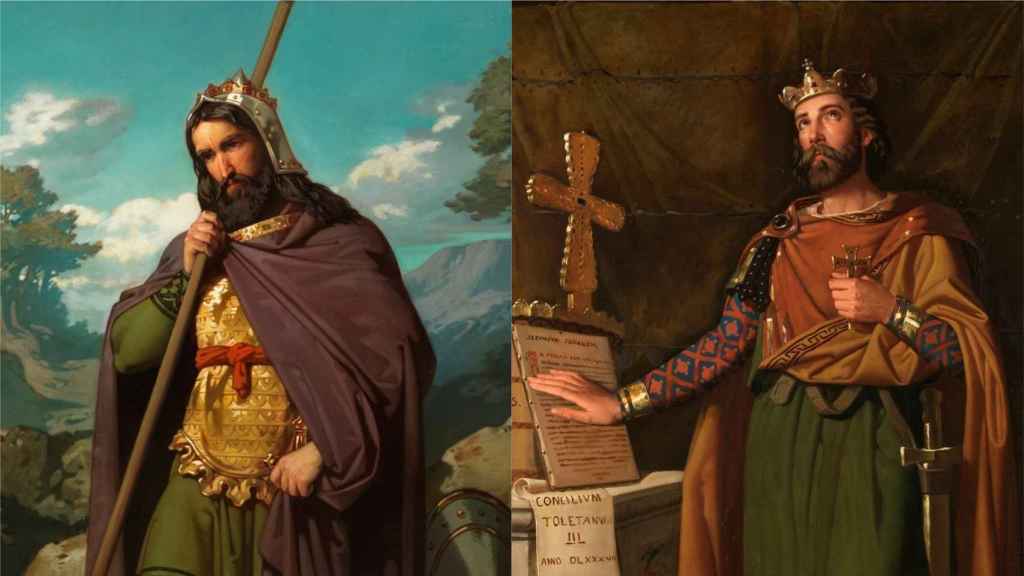 Leovigildo y Recaredo, pintados por Juan de Barroeta y Dióscoro Puebla respectivamente.