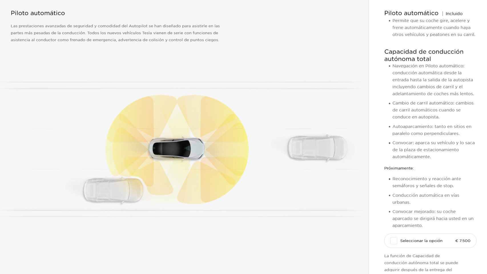 La página web de Tesla para España promete Capacidad de conducción autónoma total