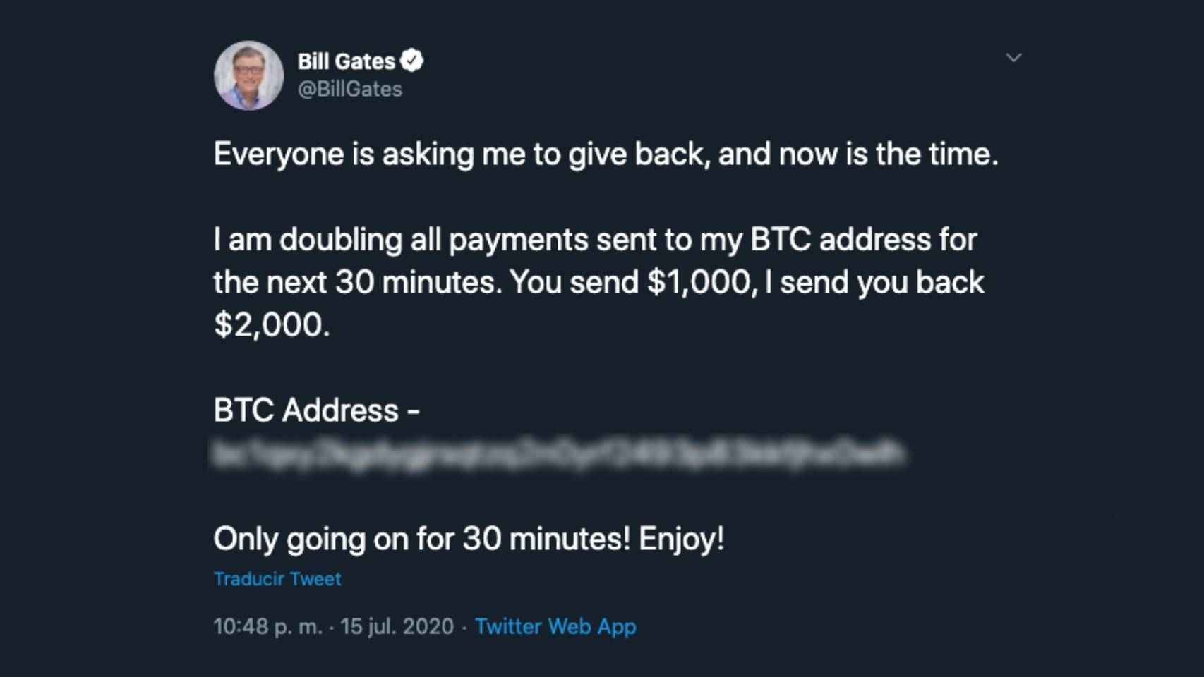 Tweet del hackeo en la cuenta de Bill Gates.