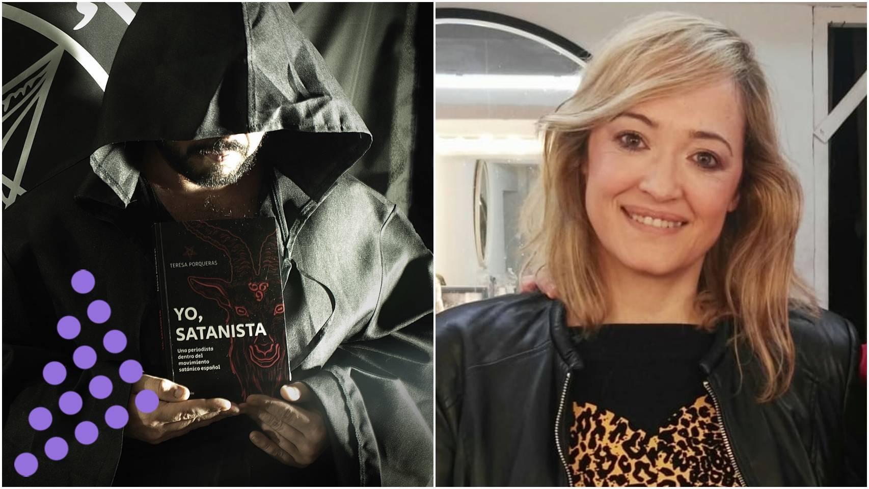 Teresa Porqueras junto a una imagen de su libro: 'Yo, satanista'.