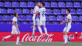La plantilla del Valladolid celebra un gol