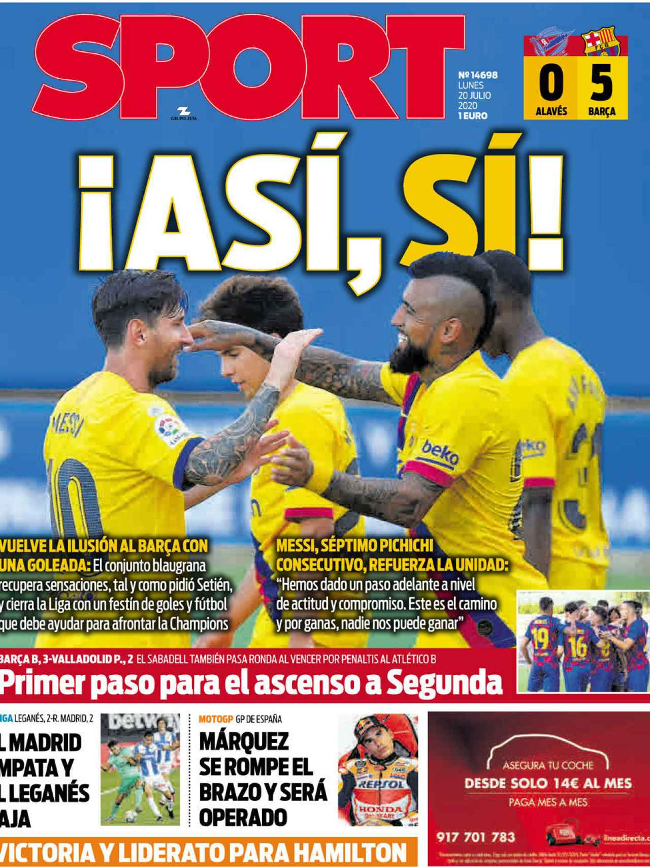 La portada del diario Sport (20/06/2020)