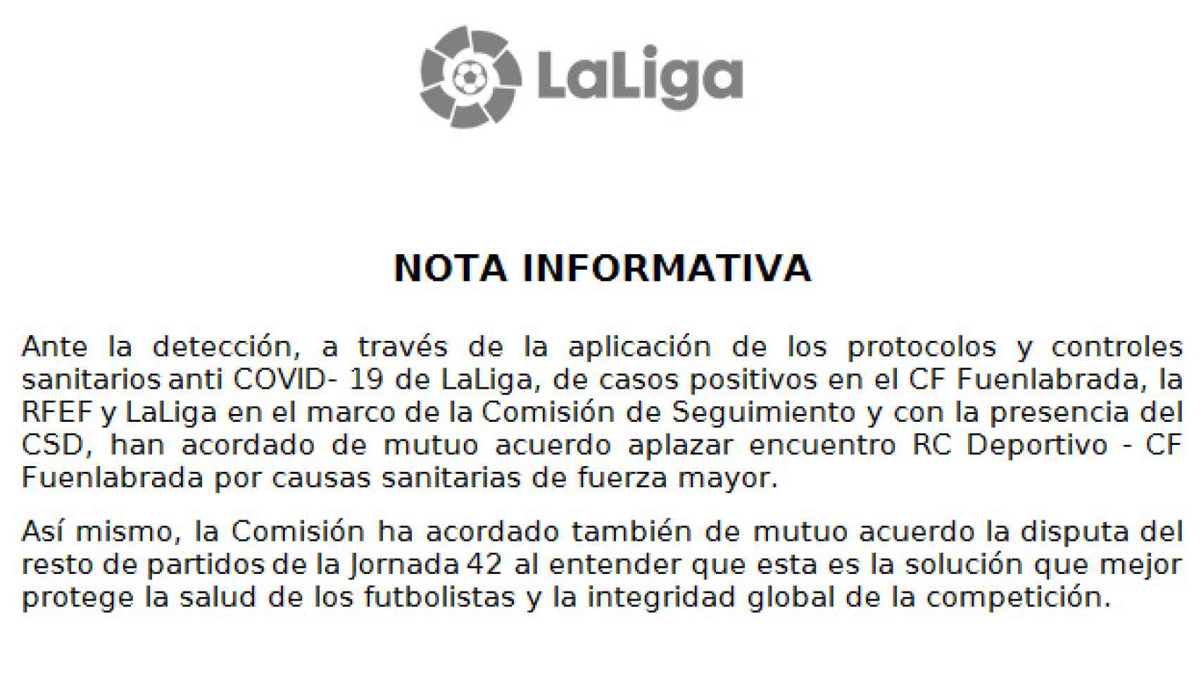 La nota de LaLiga anunciando la suspensión del partido