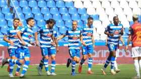 Los jugadores del Deportivo de La Coruña, en un partido de esta temporada
