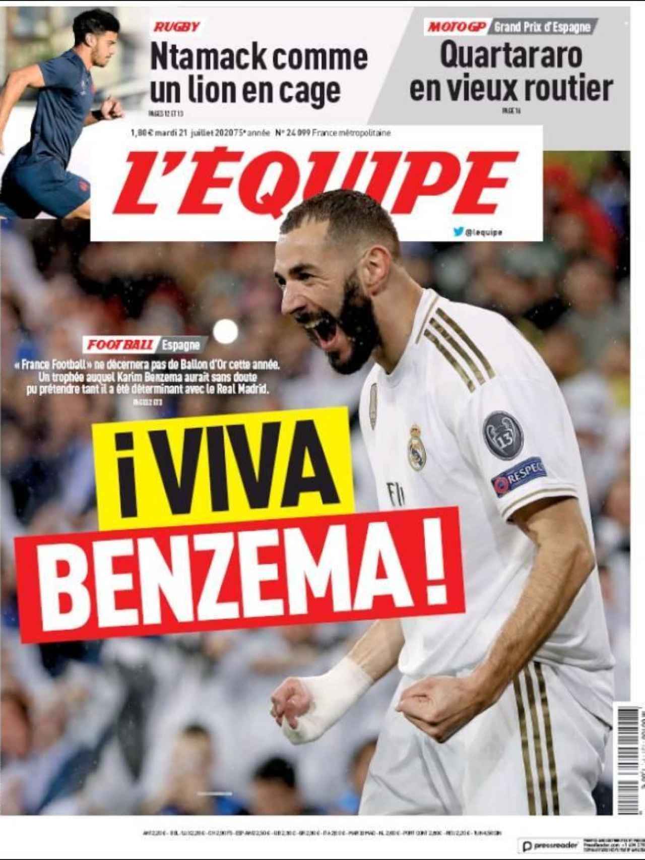 La portada del diario L'Équipe (21/07/2020)