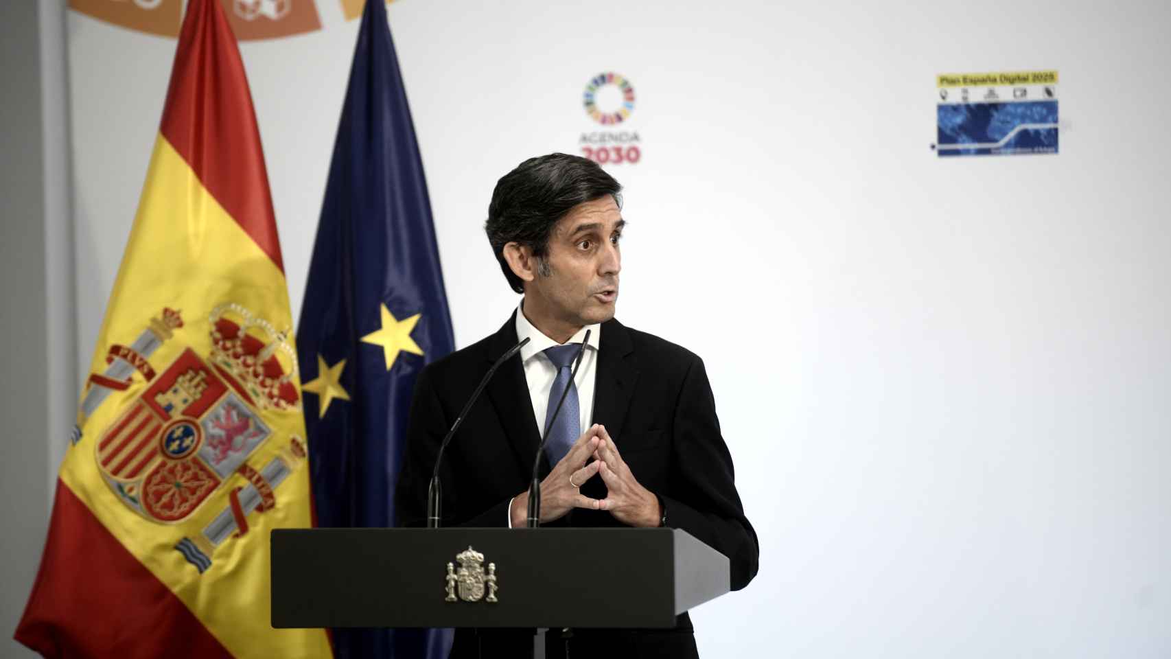 El presidente ejecutivo de Telefónica, José María Álvarez-Pallete, durante la presentación de la agenda 'España Digital 2025’ en Moncloa.
