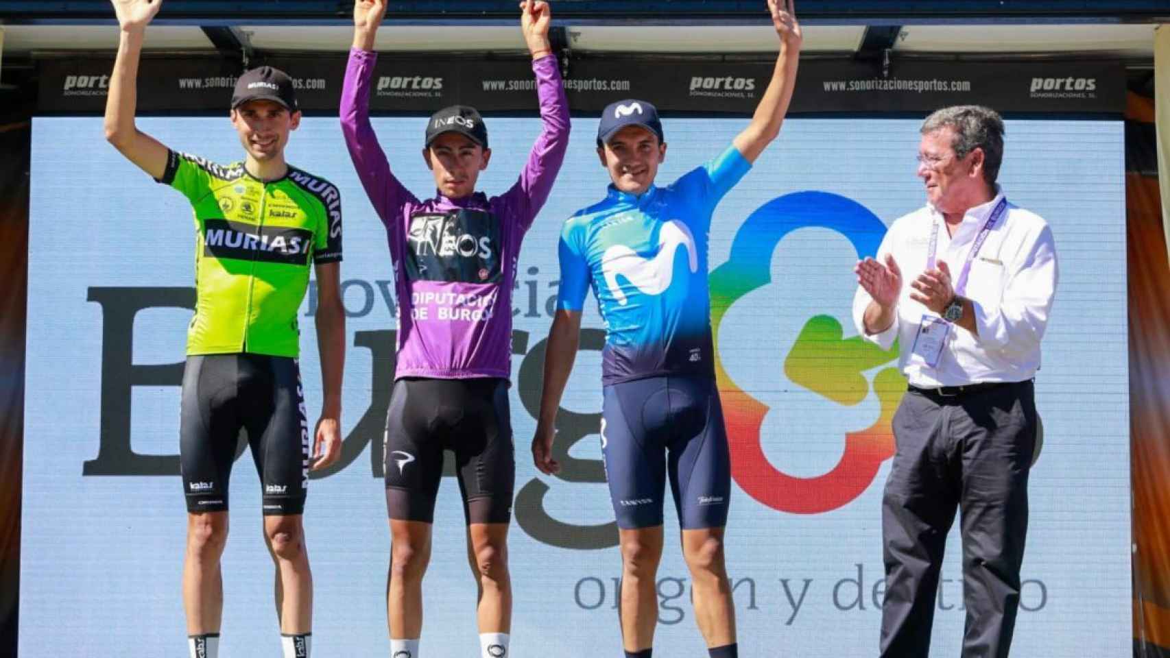 El podio de la edición de la Vuelta a Burgos 2019 con Óscar Rodríguez (izquierda), Iván Ramiro Sosa (centro) y Richard Carapaz (derecha)