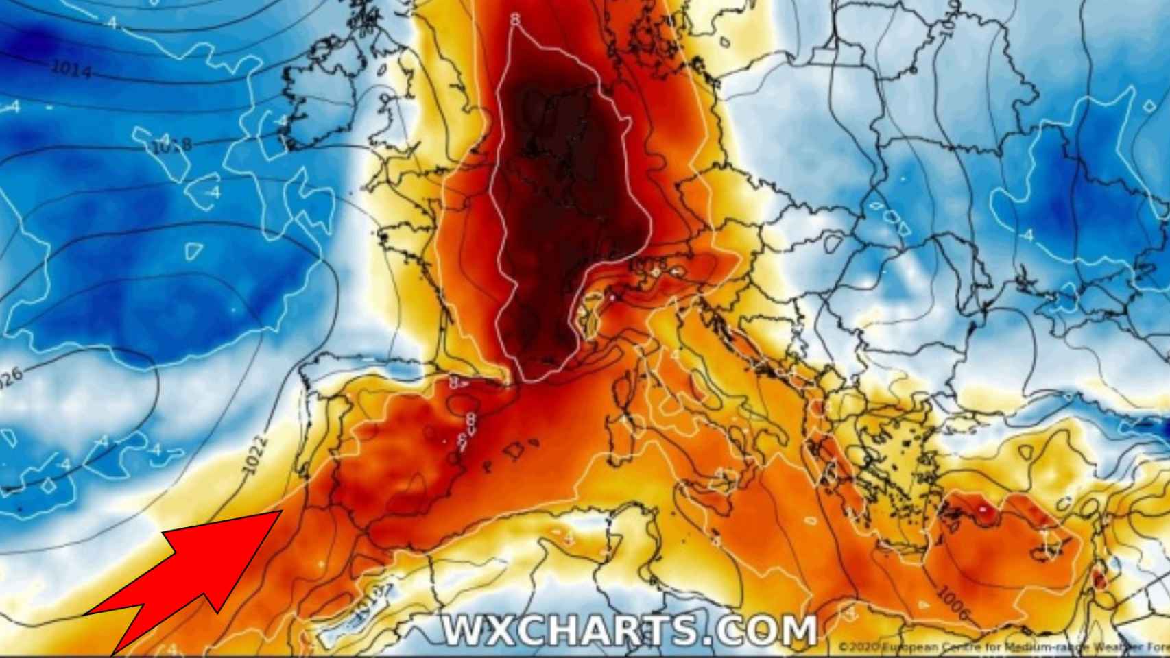 Previsión de anomalías de temperaturas en Europa Occidental para el 1 de agosto. Severe-weather.eu.