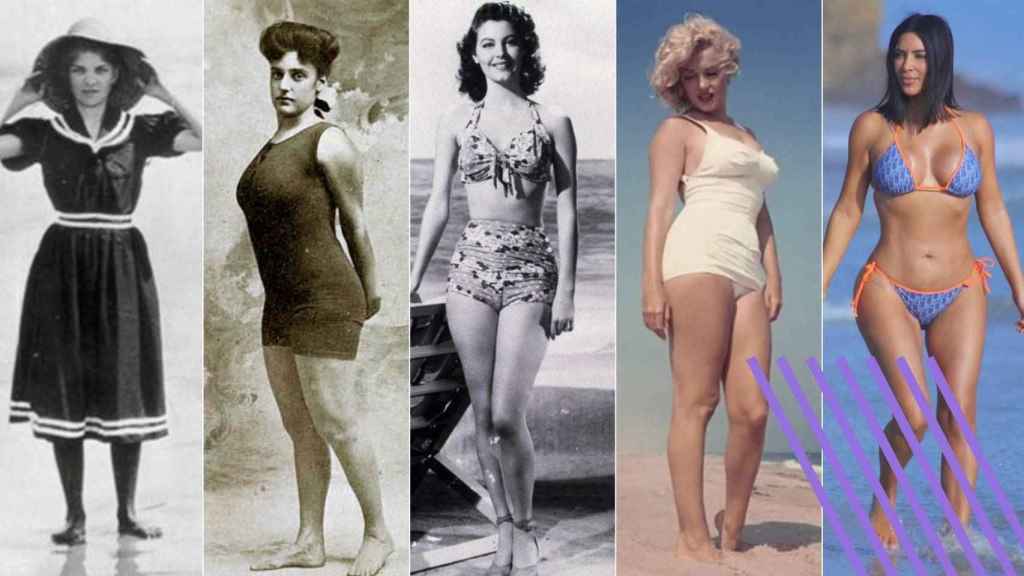 Por orden: una mujer en traje de baño, Annette Kellerman, Ava Gardner, Marilyn Monroe y Kim Kardashian.