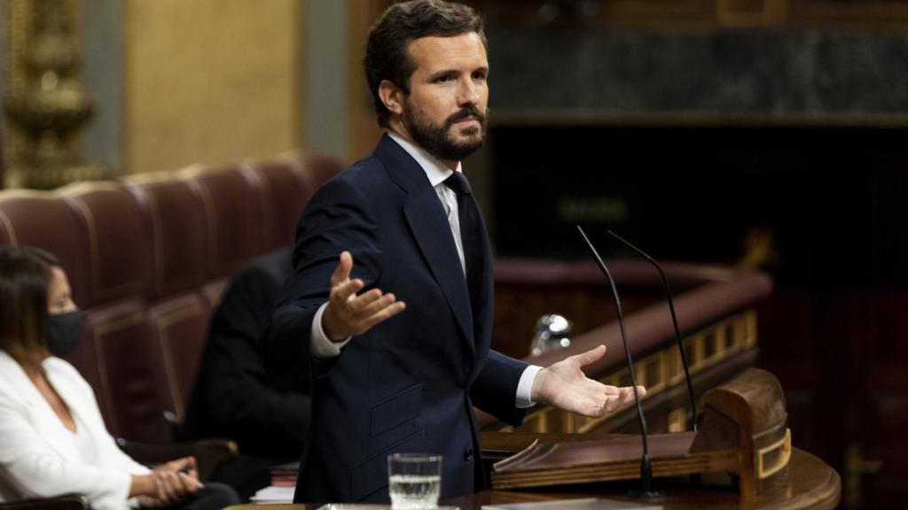 El presidente del PP, Pablo Casado, interviene este miércoles en la última sesión del Congreso.