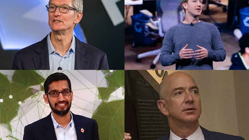 De izquierda a derecha empezando por arriba Tim Cook (Apple), Mark Zuckerberg (Facebook), Sundar Pichai (Alphabet, matriz de Google) y Jeff Bezos (Amazon).