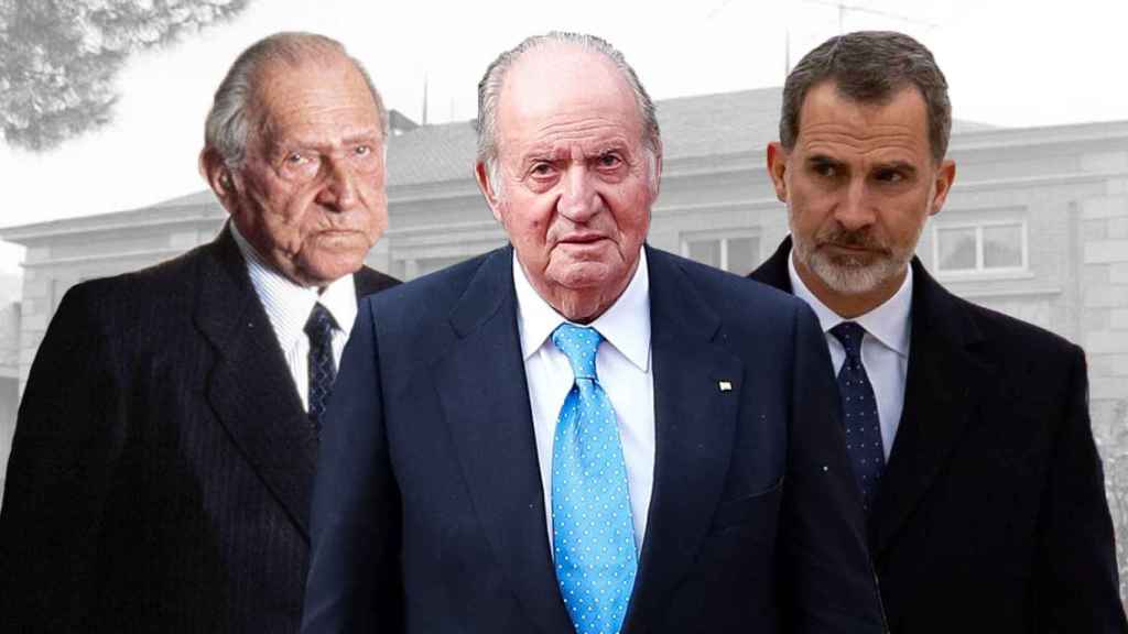 De izquierda a derecha, el conde de Barcelona, Juan de Borbón; el rey emérito, Juan Carlos, y el rey Felipe VI.