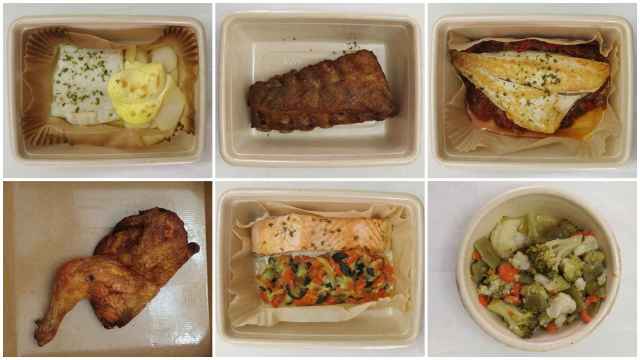 De izquierda a derecha y de arriba a abajo: bacalao, costillas, dorada, pollo Frango, salmón y menestra, hechos en Mercadona.