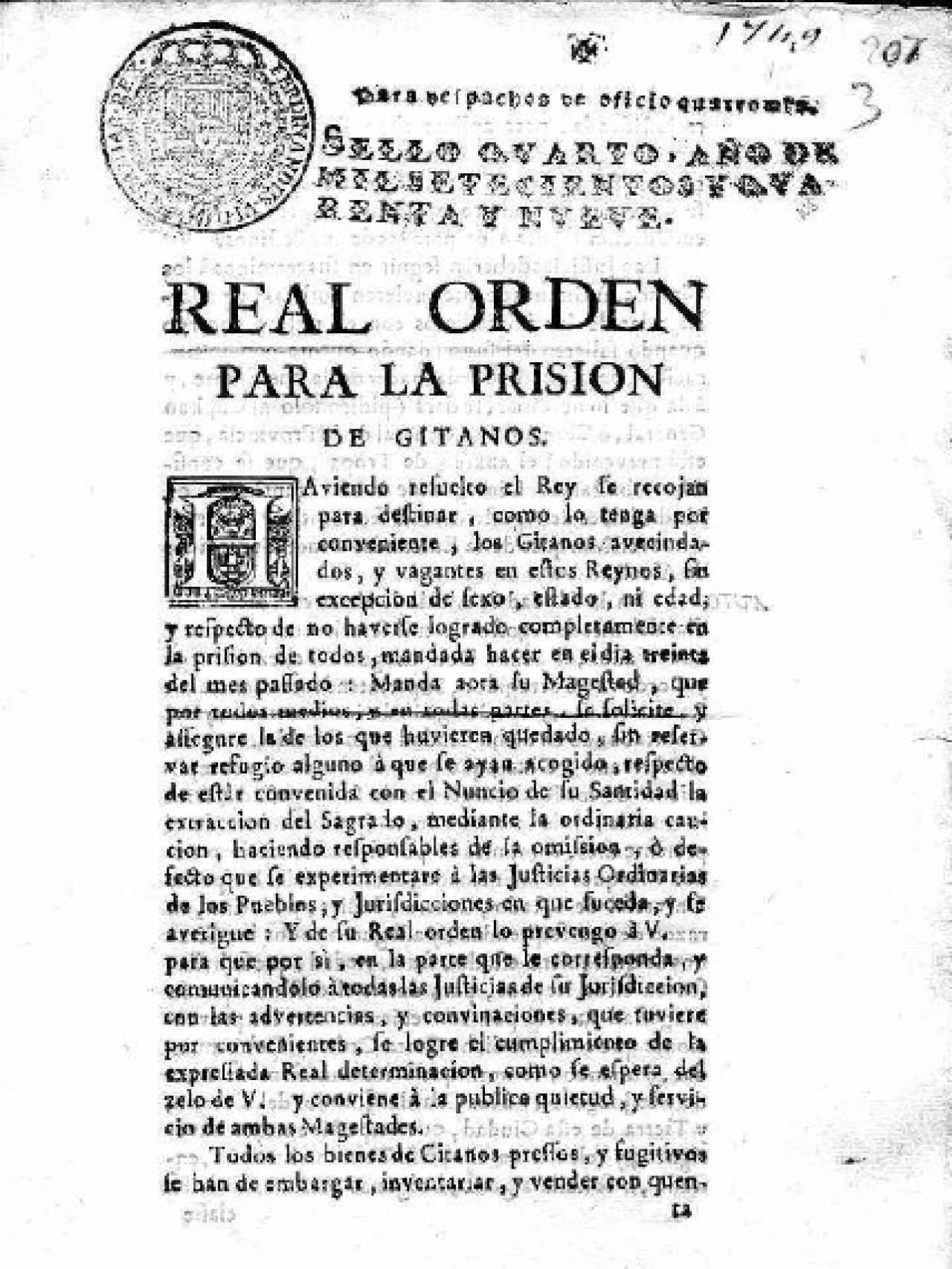 Real Orden para la prisión de los gitanos en 1749.