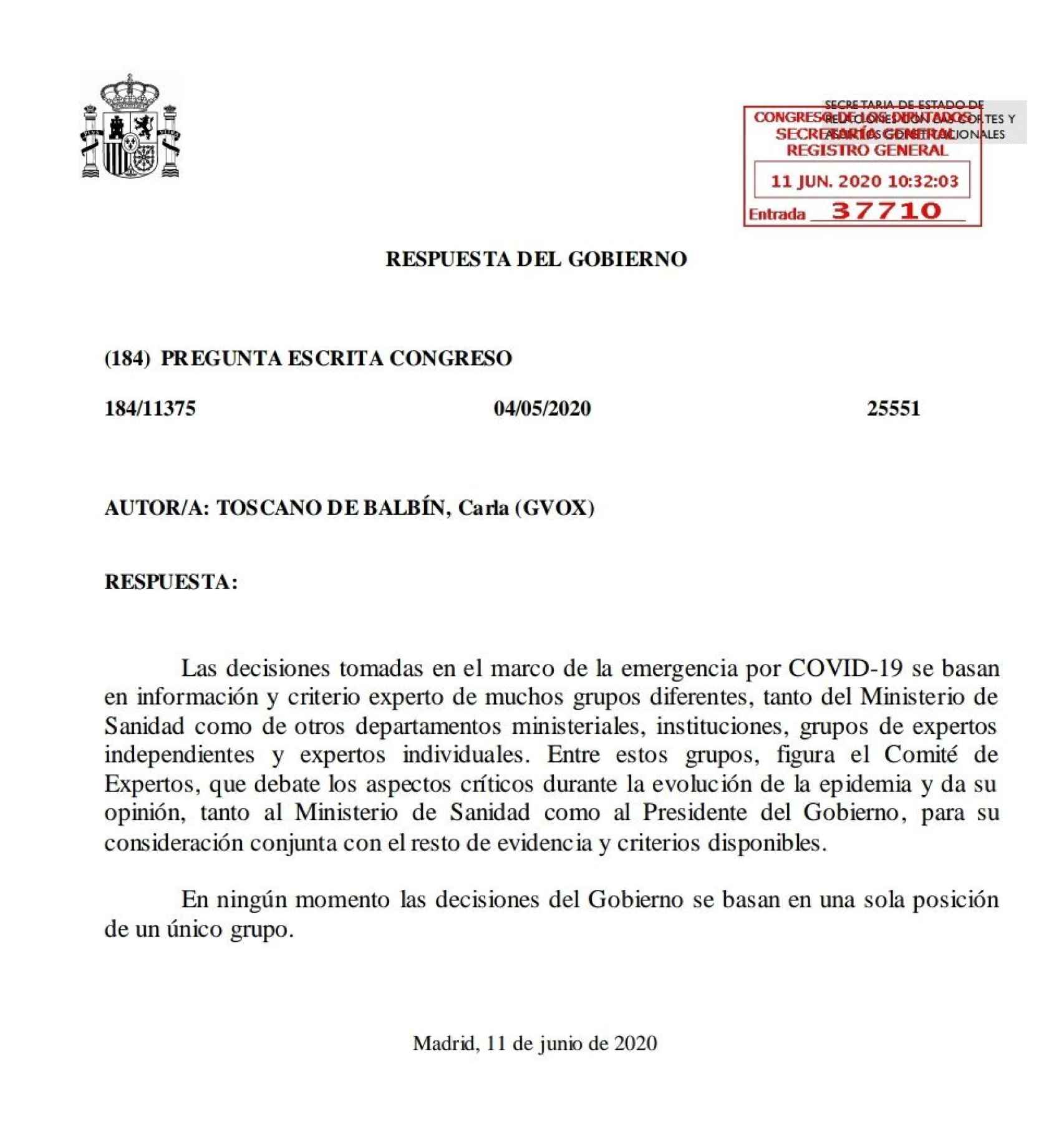 Respuesta de la Secretaría de Estado de Relaciones con las Cortes a Carla Toscano (Vox).