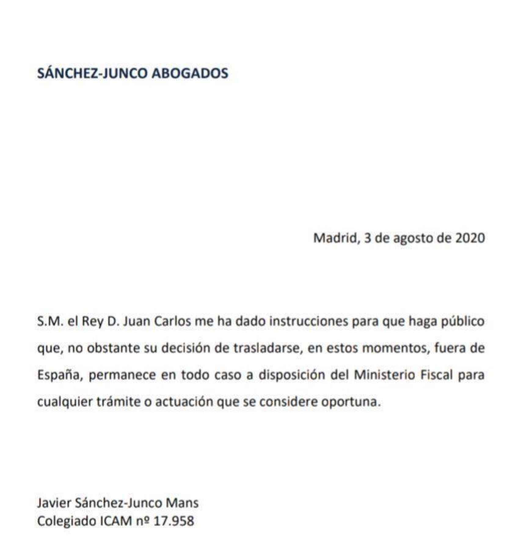 Comunicado el abogado del emérito Javier Sánchez-Junco.