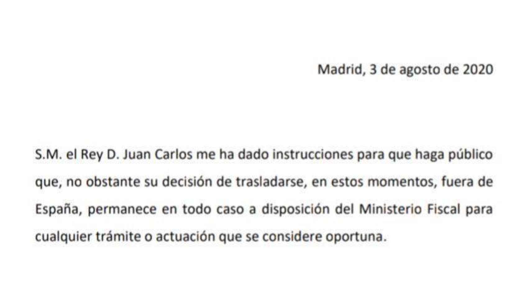 El comunicado del abogado del rey, Javier Sánchez-Junco.