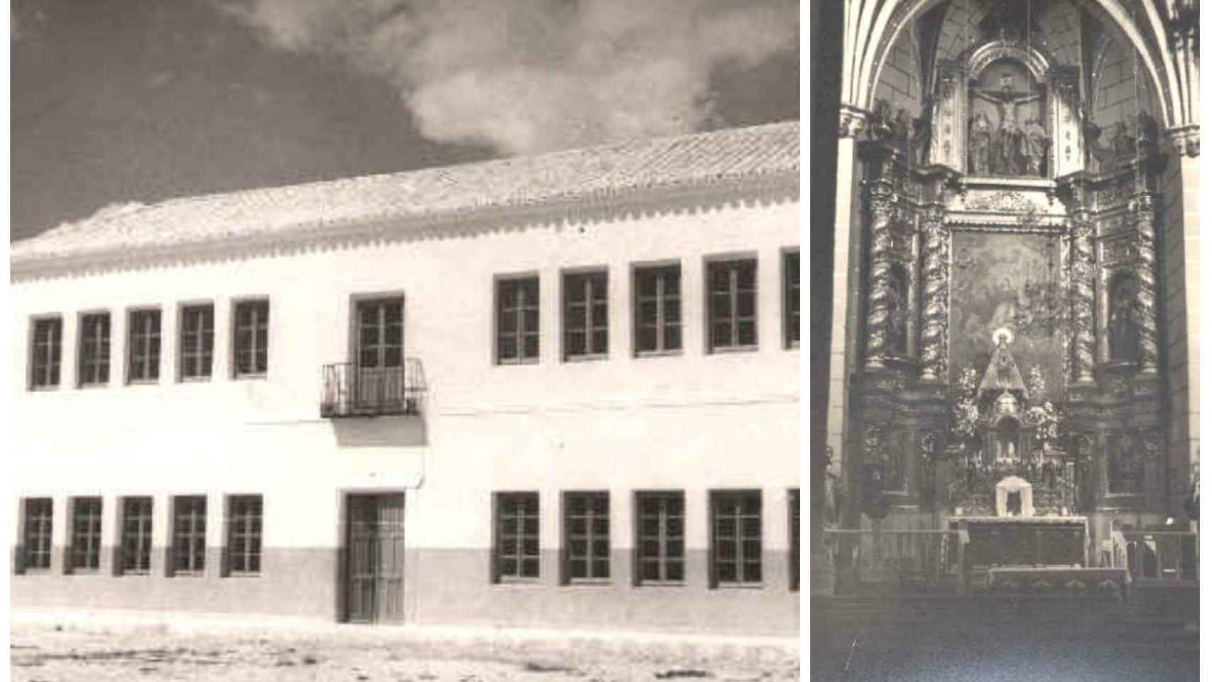 La fachada del colegio donde impartía clase Presentación y la iglesia donde se casó con Narciso en montaje de JALEOS.