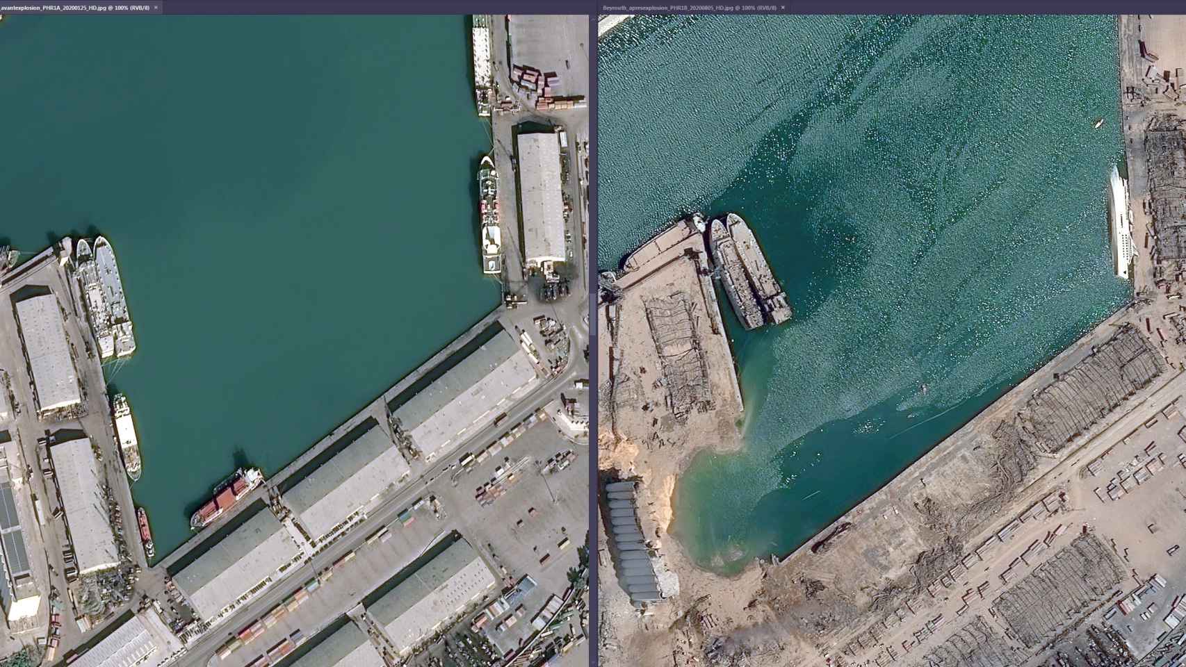 Combo de fotografías que muestran una vista aérea de la ciudad de Beirut, antes (i) y después (d) de la fuerte explosión.