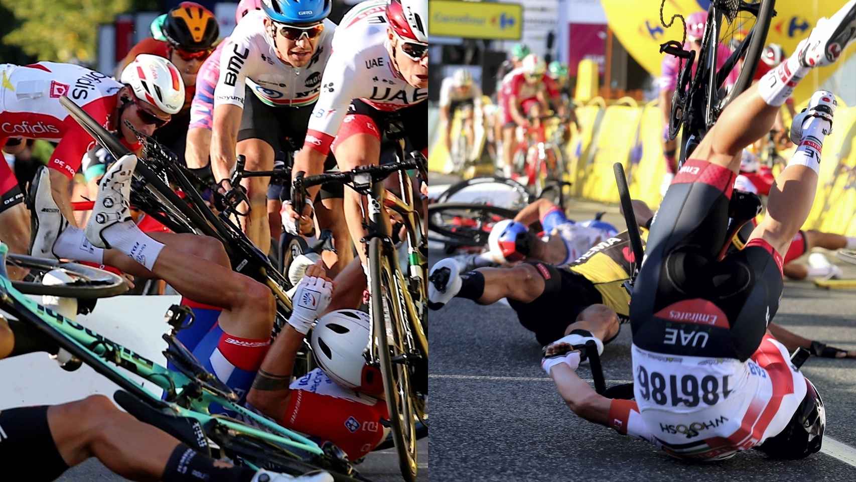 Dos imágenes de la accidentada llegada en la primera etapa del Tour de Polonia