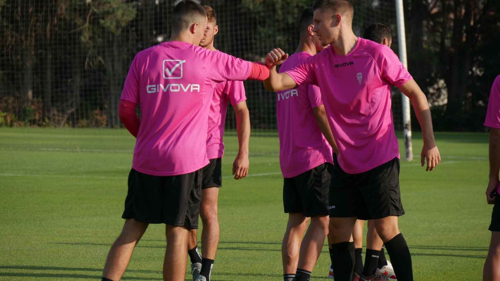 Jugadores del Córdoba se saludan en el entrenamiento