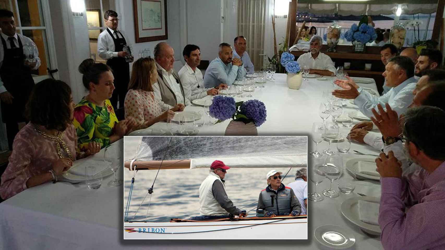 Juan Carlos, rodeado de amigos en una cena en Sanxenxo en 2017.