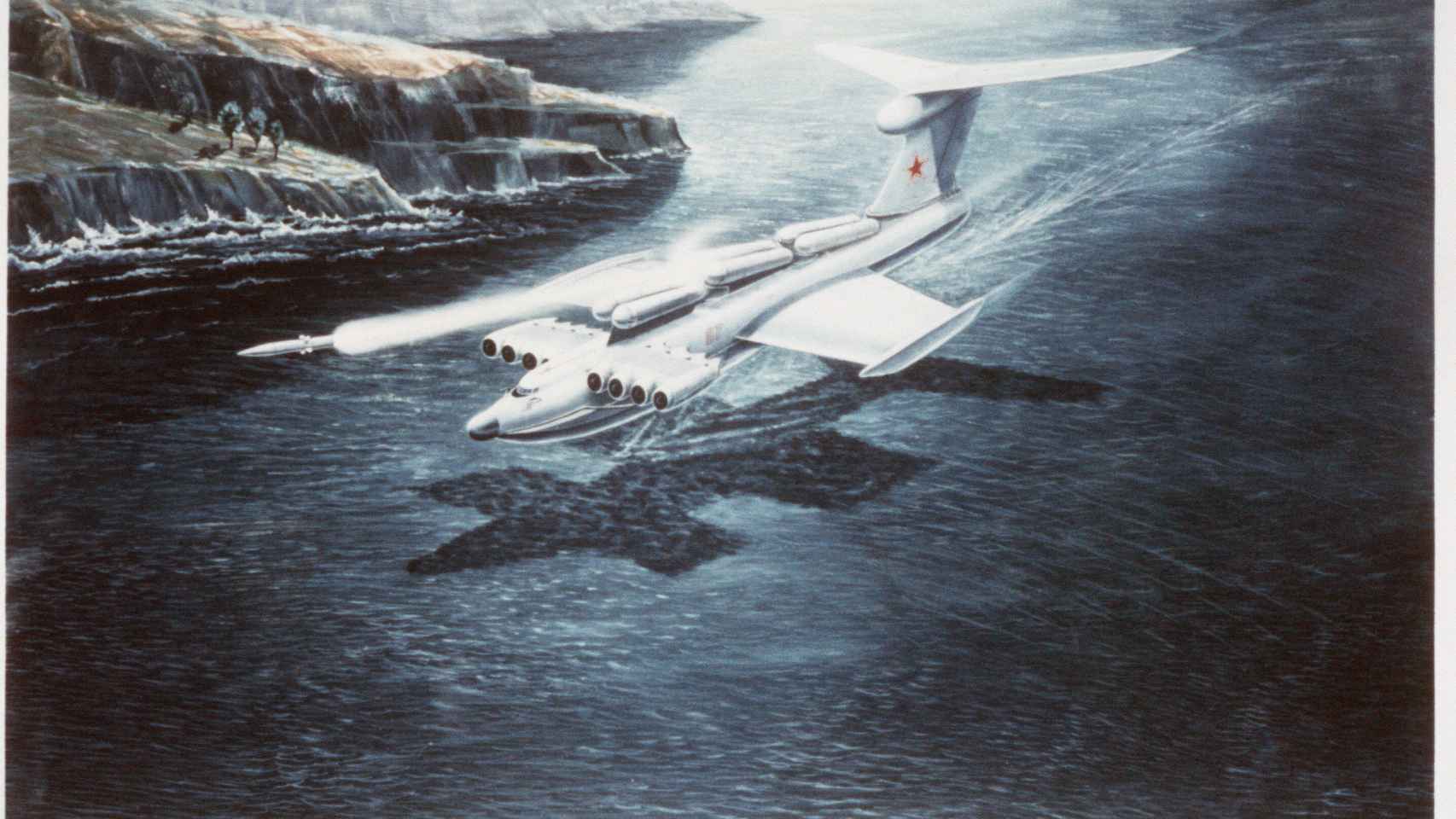Concepto artístico soviético del ekranoplano, aunque no es fidedigno con el diseño final de la nave.